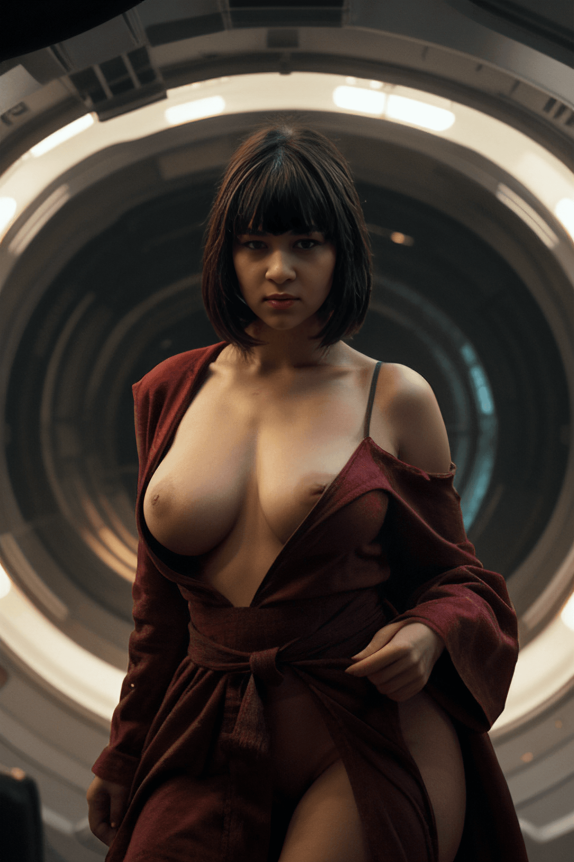 AI generated: woman in spaceship, curvy body, short black hair with bangs, red robe off shoulders down to waist, f...