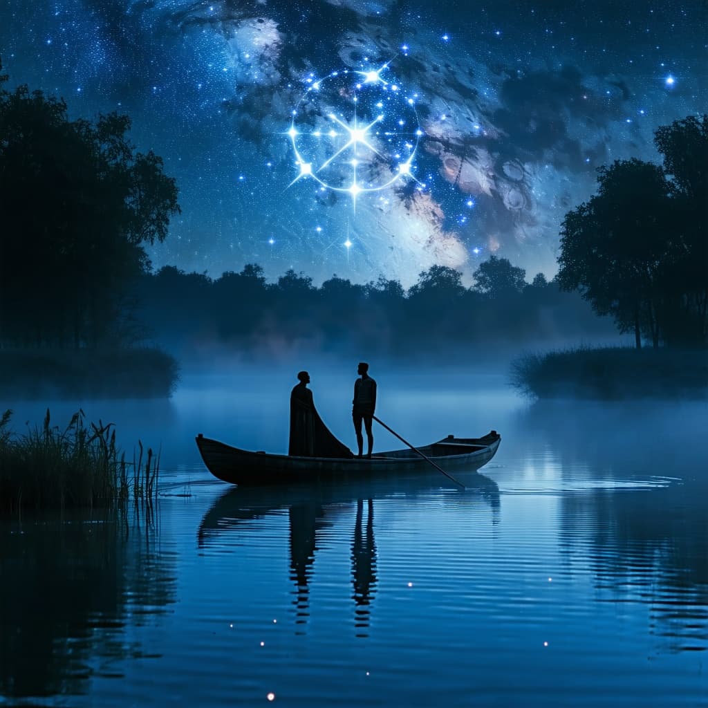 AI generated: A serene nighttime scene featuring a wooden raft gently floating on a calm river under a star-filled...