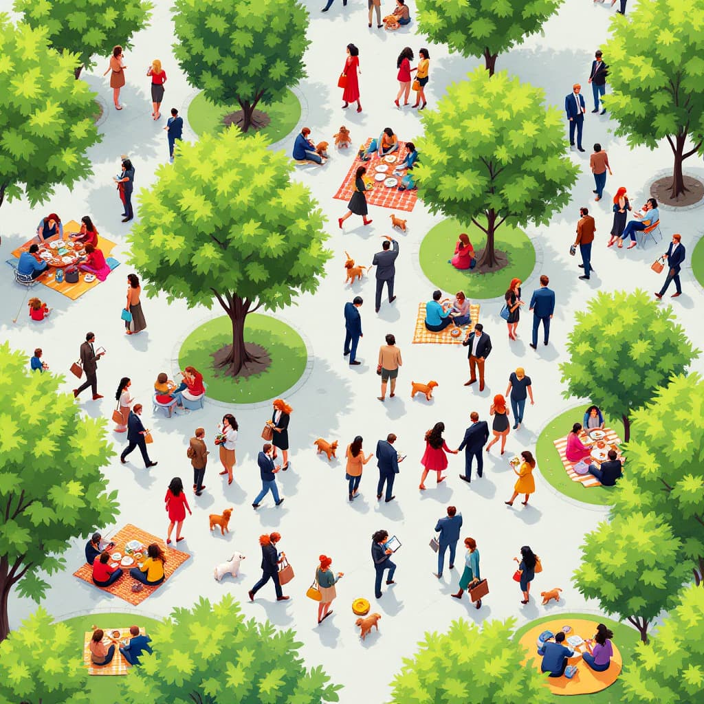 AI generated: image of a bustling urban park scene viewed from above, diverse groups of people engaged in various ...