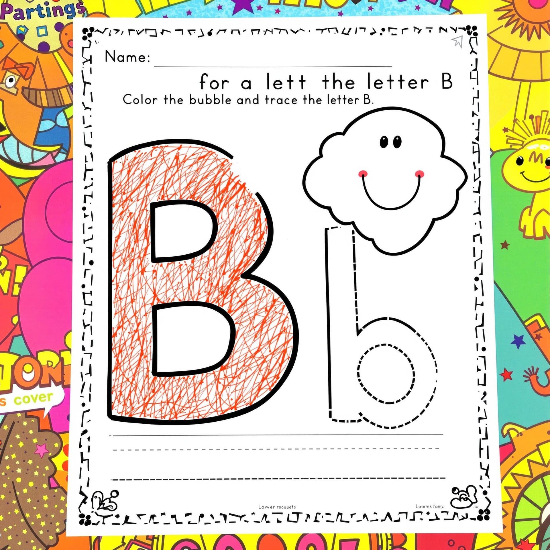 AI generated: A cheerful worksheet for preschoolers centered on the letter "B". It includes a large uppercase "B" ...