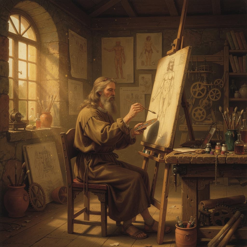 AI generated: Leonardo da Vinci painting on a canvas, holding a brush, renaissance studio, warm lighting, ultra de...