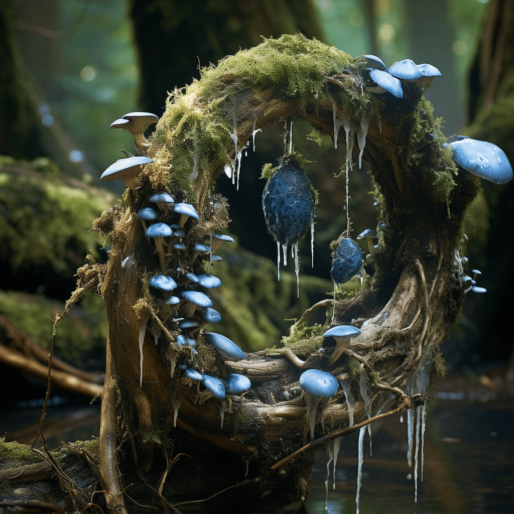 AI generated: blue moss in the forest, in the style of matthias grünewald, organic form, kazimierz dąbrowski, sver...