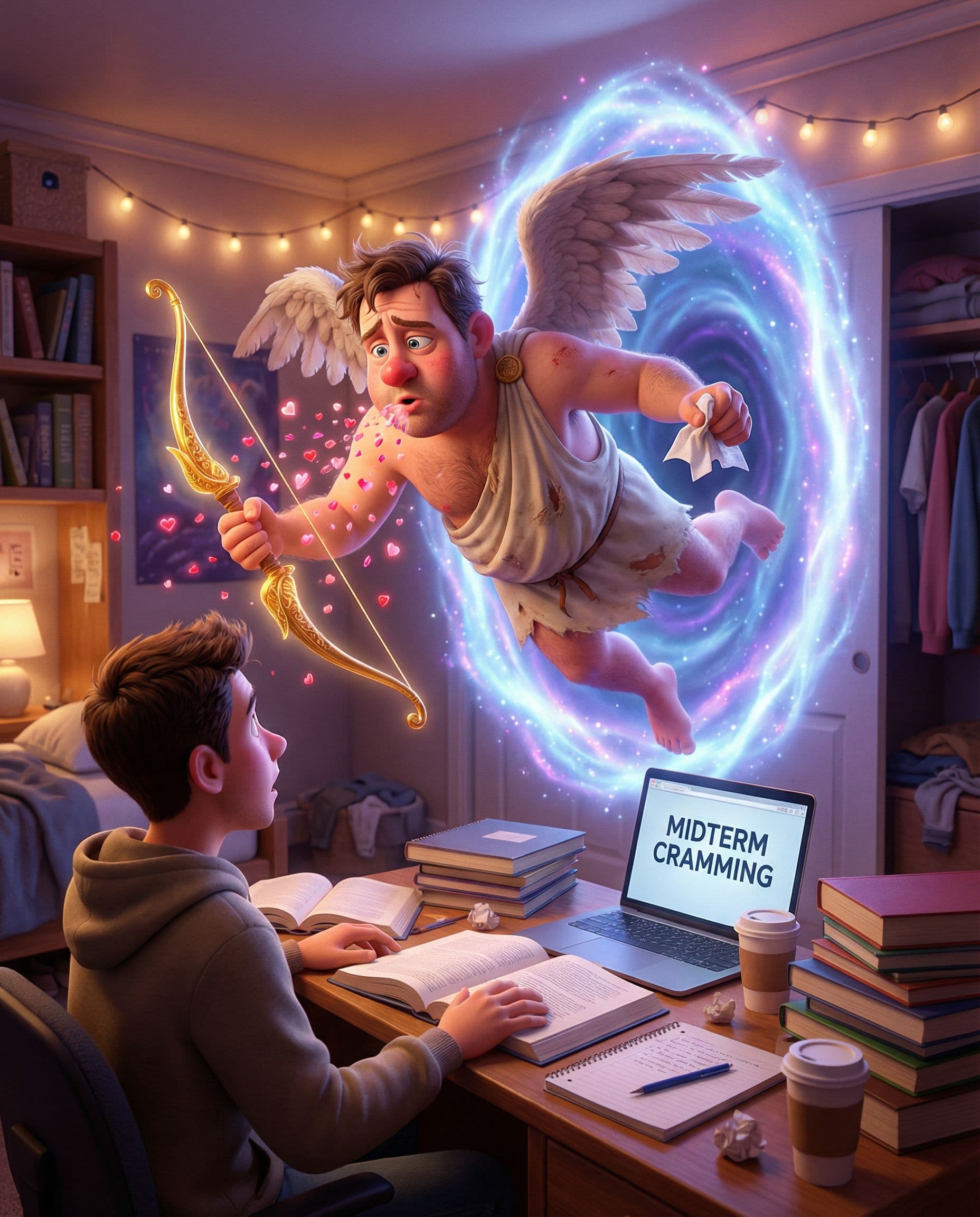 AI generated: Pixar style - A disheveled ((adult)) stud Cupid with drooping wings and a runny nose tumbling out of...