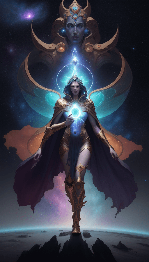 AI generated: cosmic god with a cape, epic scene, colors, holy, full body, galaxy, and, stars, atmosphere, unreal ...
