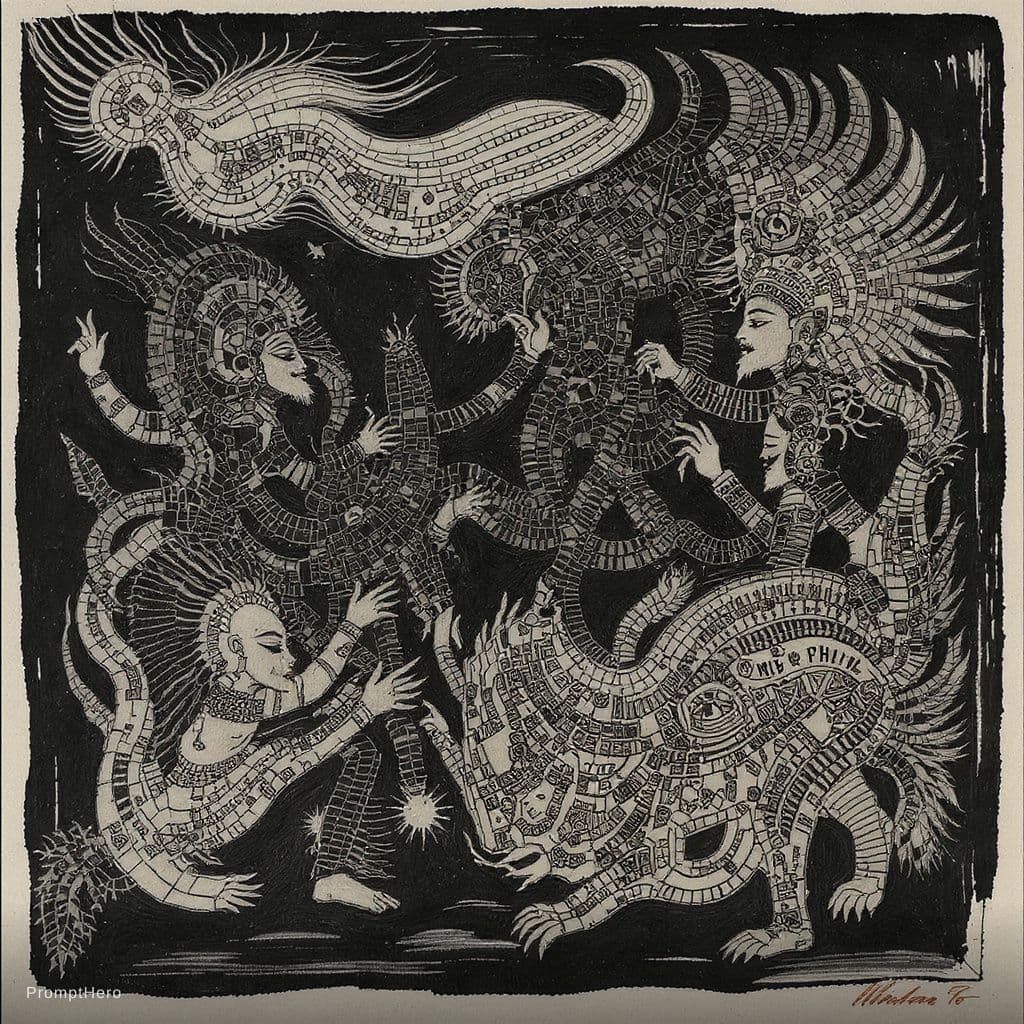 AI generated: sundanese black brush painting,in the style of Wayang Golek,loose compositions,théodore géricault,le...