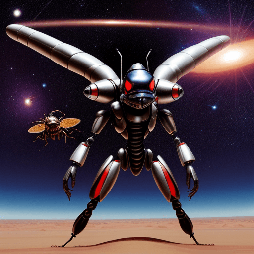 AI generated: alien ant army group with silver ant armor invasion the planet, gunfire with red ant group, space st...