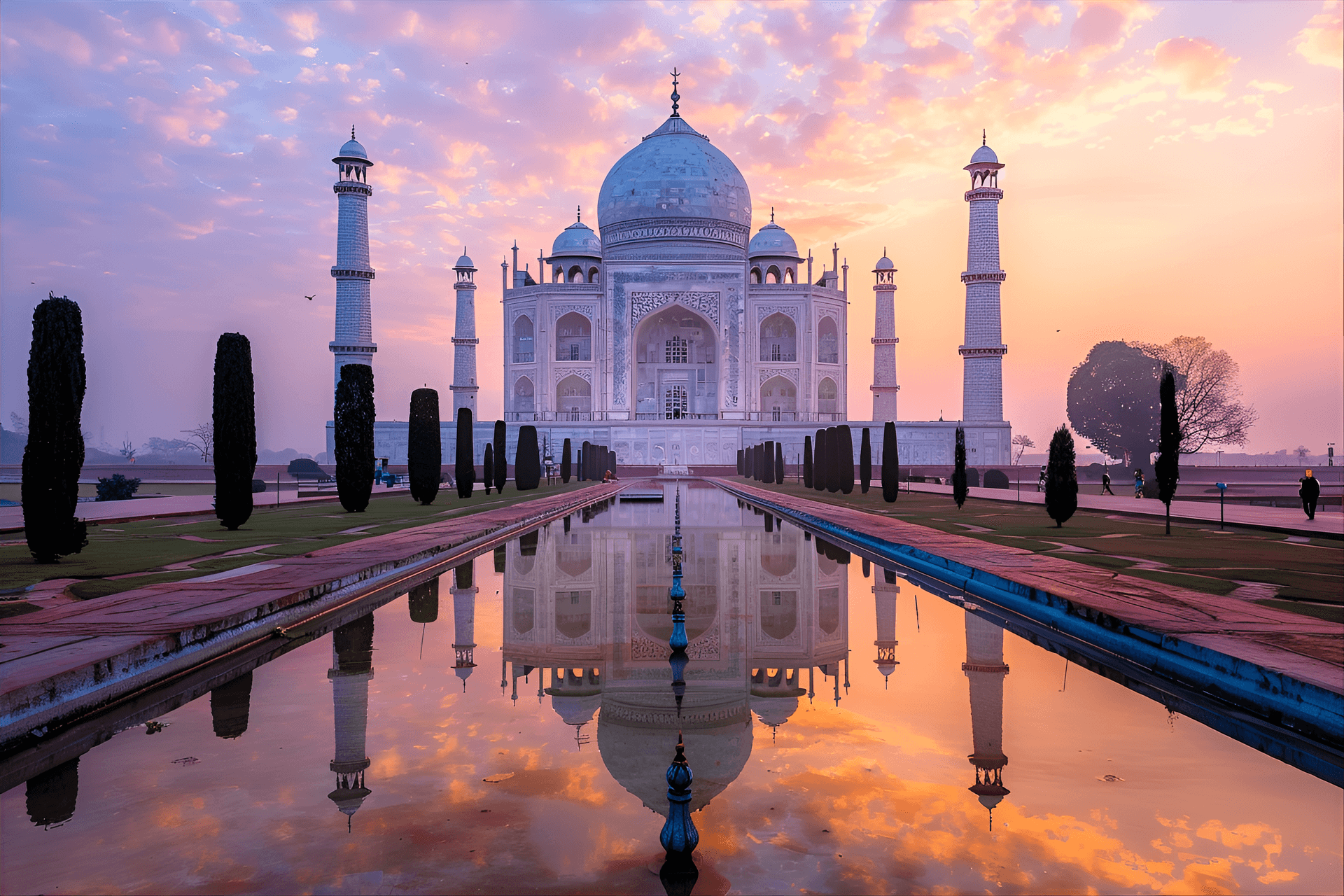 AI generated: Taj Mahal, India, sunset, intricate marble details, aerial perspective, Yamuna River, intricate inla...