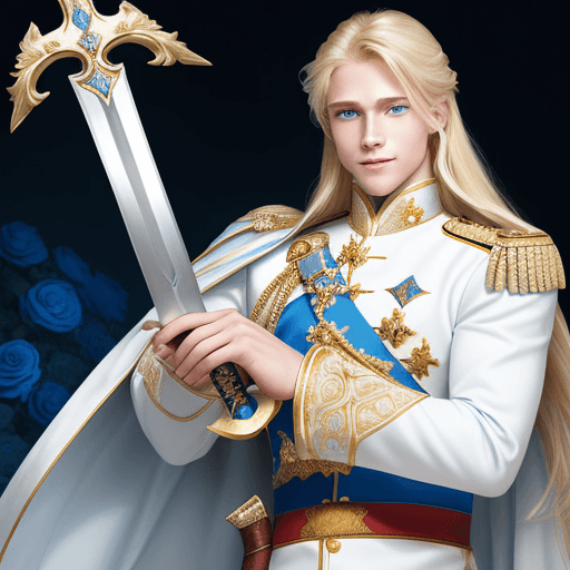 AI generated: generates a prince charming, blond with blue eyes and long hair, tall and muscular, chivalrous with ...