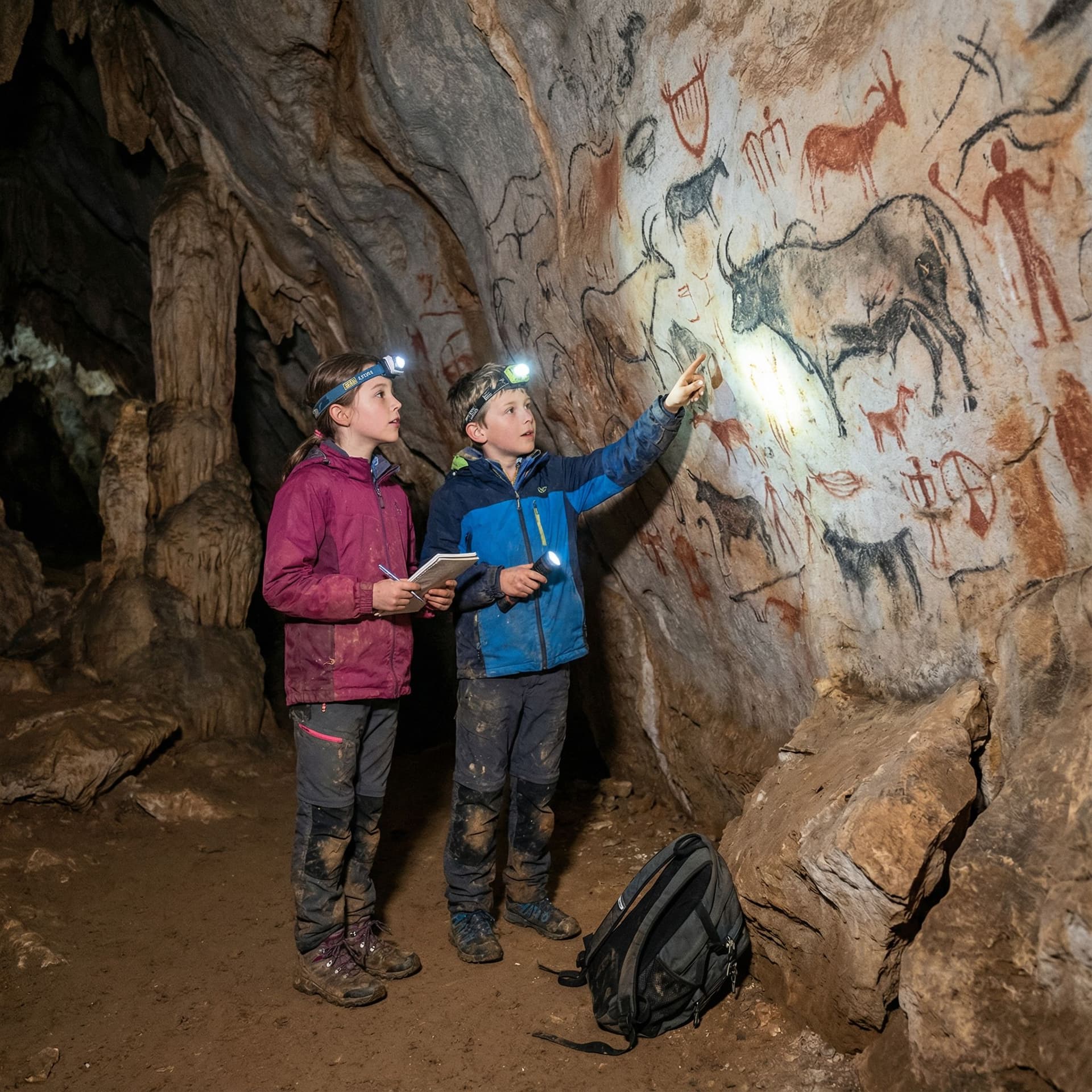 AI generated: A GIRL AND A BOY discover ancient drawings on the wall inside the cave 