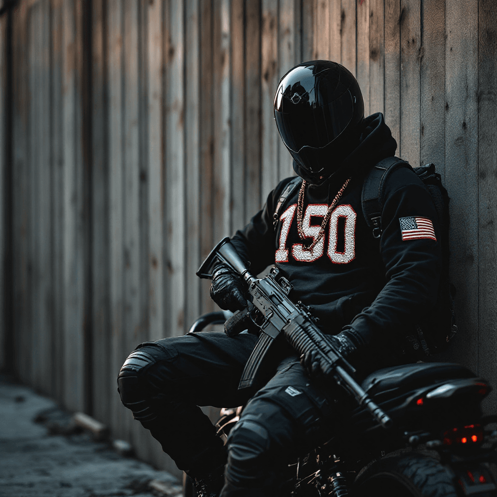 AI generated: DARK BACKGROUND, 
ALLEY IN DUBAI 

HOLDING DIAMOND AK-47 WEARING GOLD DIAONS  CHAINS
BLACK OPS STYLE...