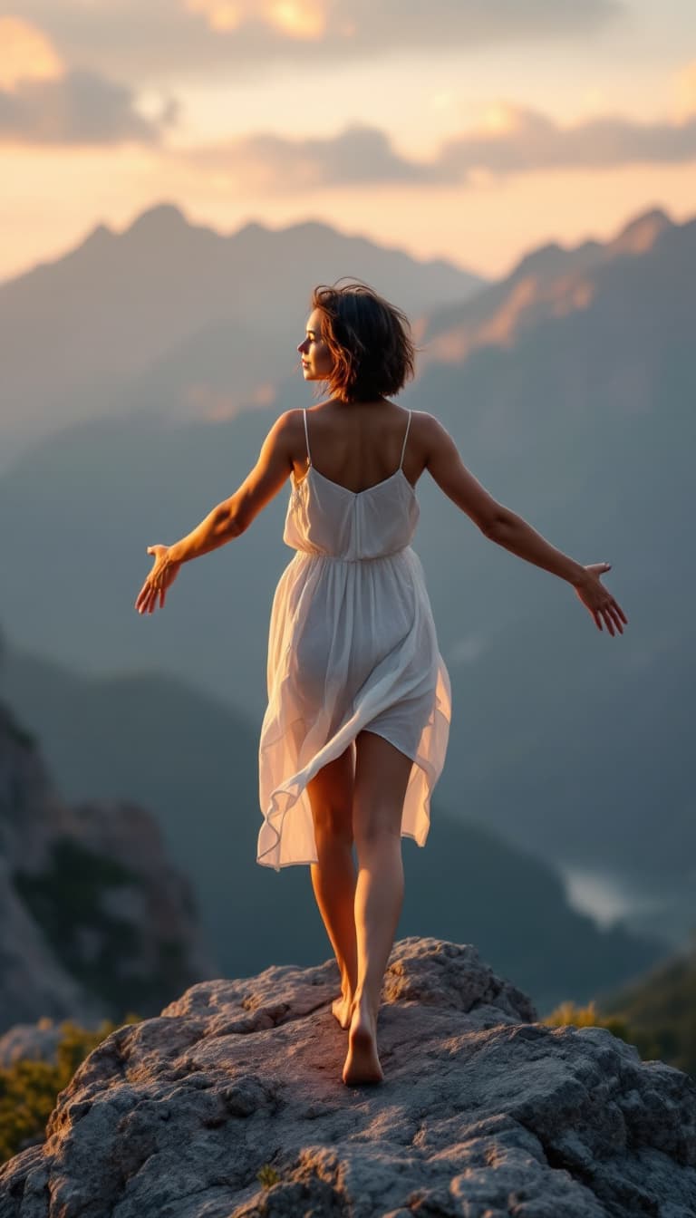 AI generated: realistic photo of a mountain landscape, standing on the edge of a cliff with her arms outstretched,...