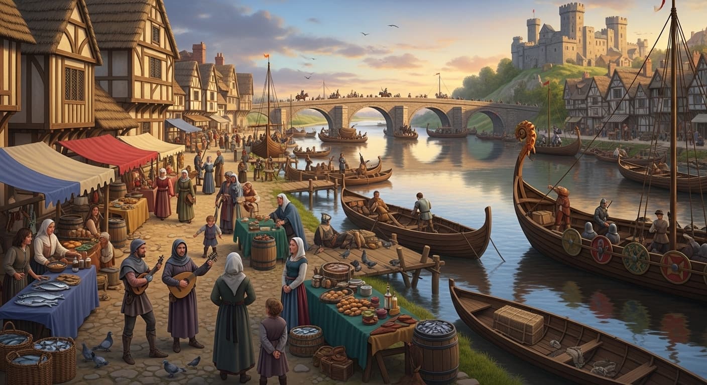 AI generated: Bustling medieval riverside scene