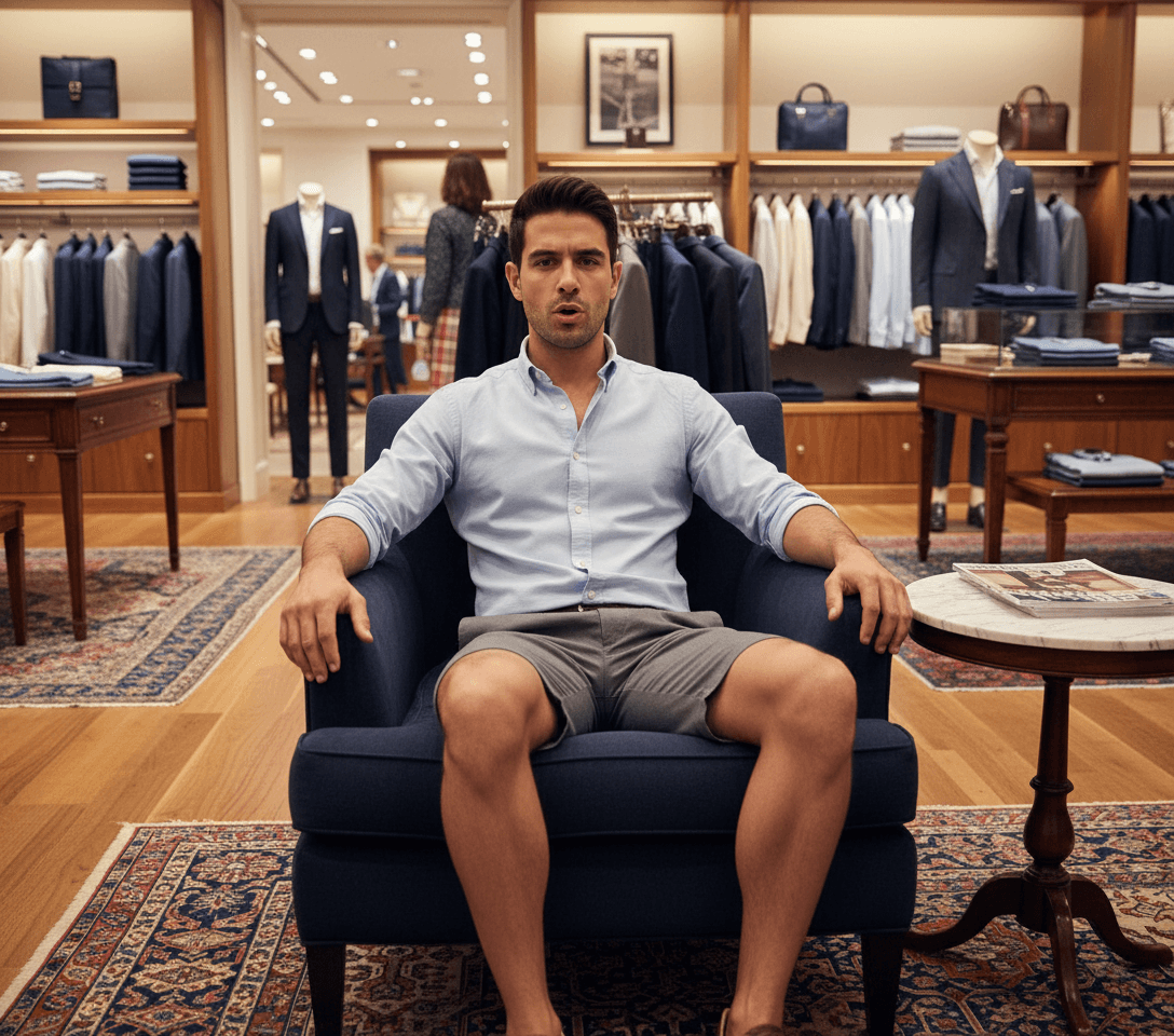 AI generated: At a very luxurious men's clothing store. The Hispanic male is slender, he is 5 feet tall, he is wea...