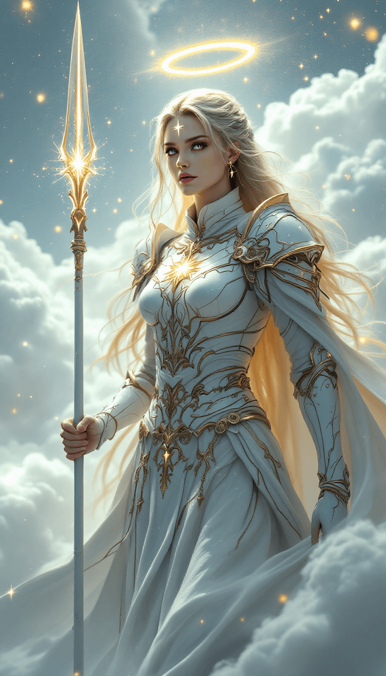AI generated: A cinematic digital artwork featuring a determined, female celestial warrior in a commanding yet com...
