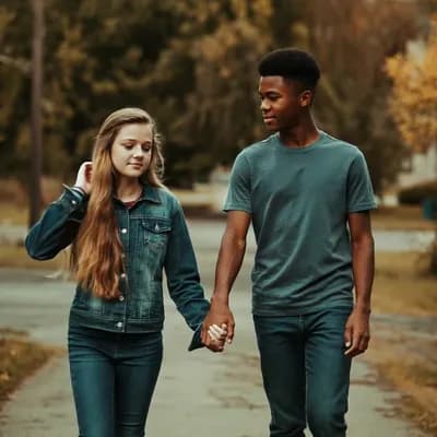 AI generated video: the camera moves back to show a full body View as the couple slowly approaches