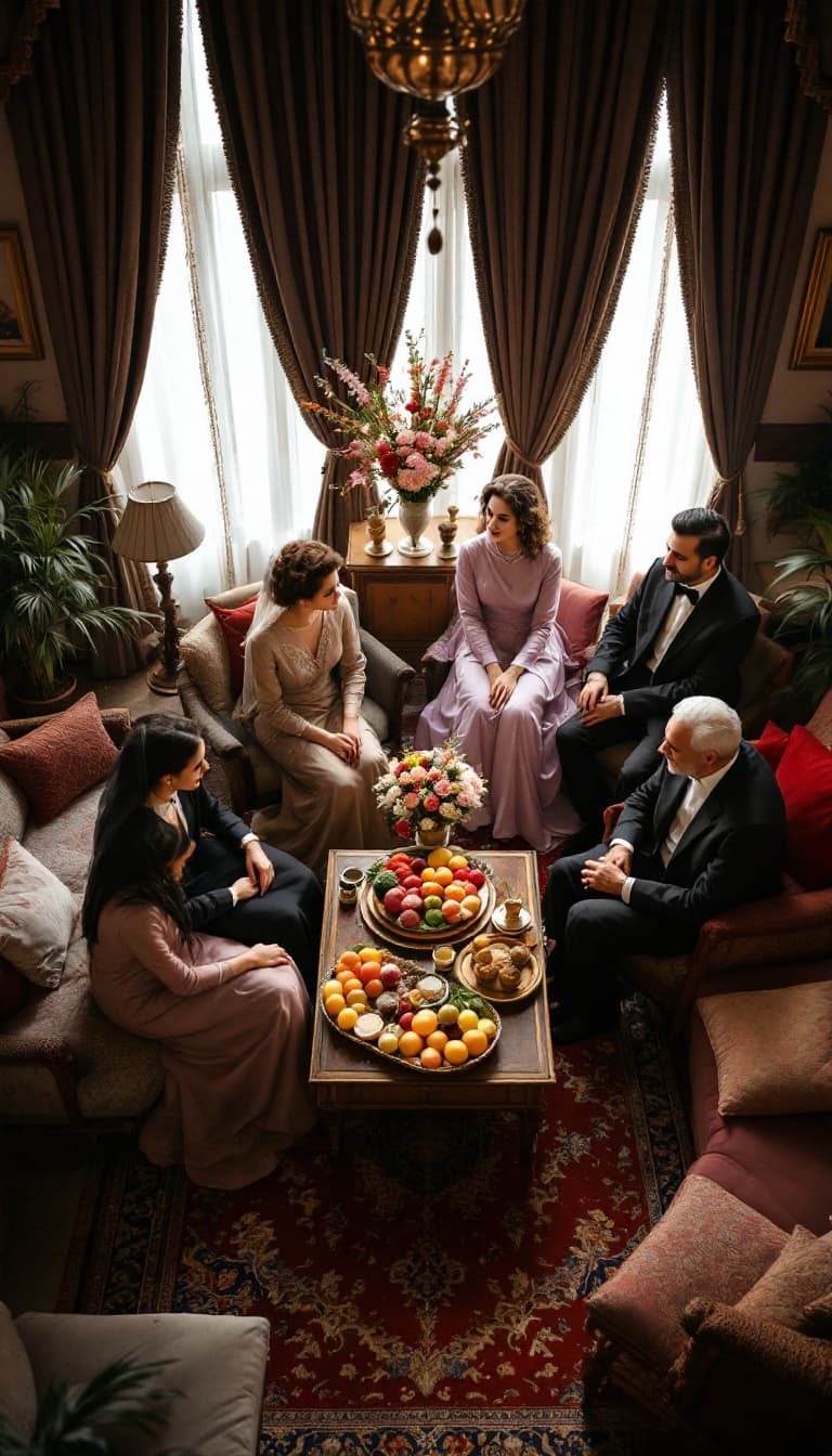 AI generated: high angle shot, traditional Iranian engagement gathering in a warm and nostalgic 1950s setting. The...