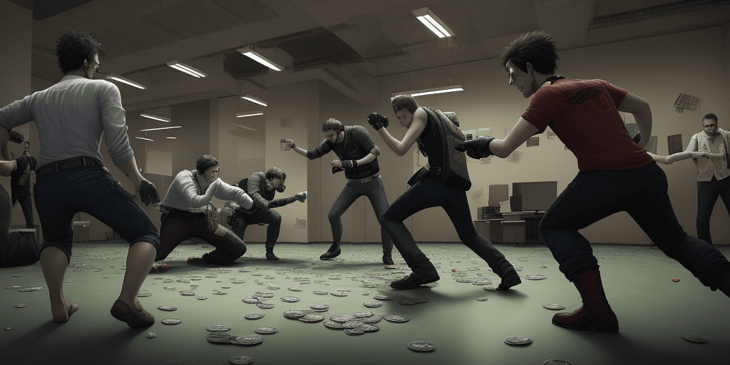 AI generated: software developers, geeks, nerds fighting, two sides of developers equipped with laptops and tech a...