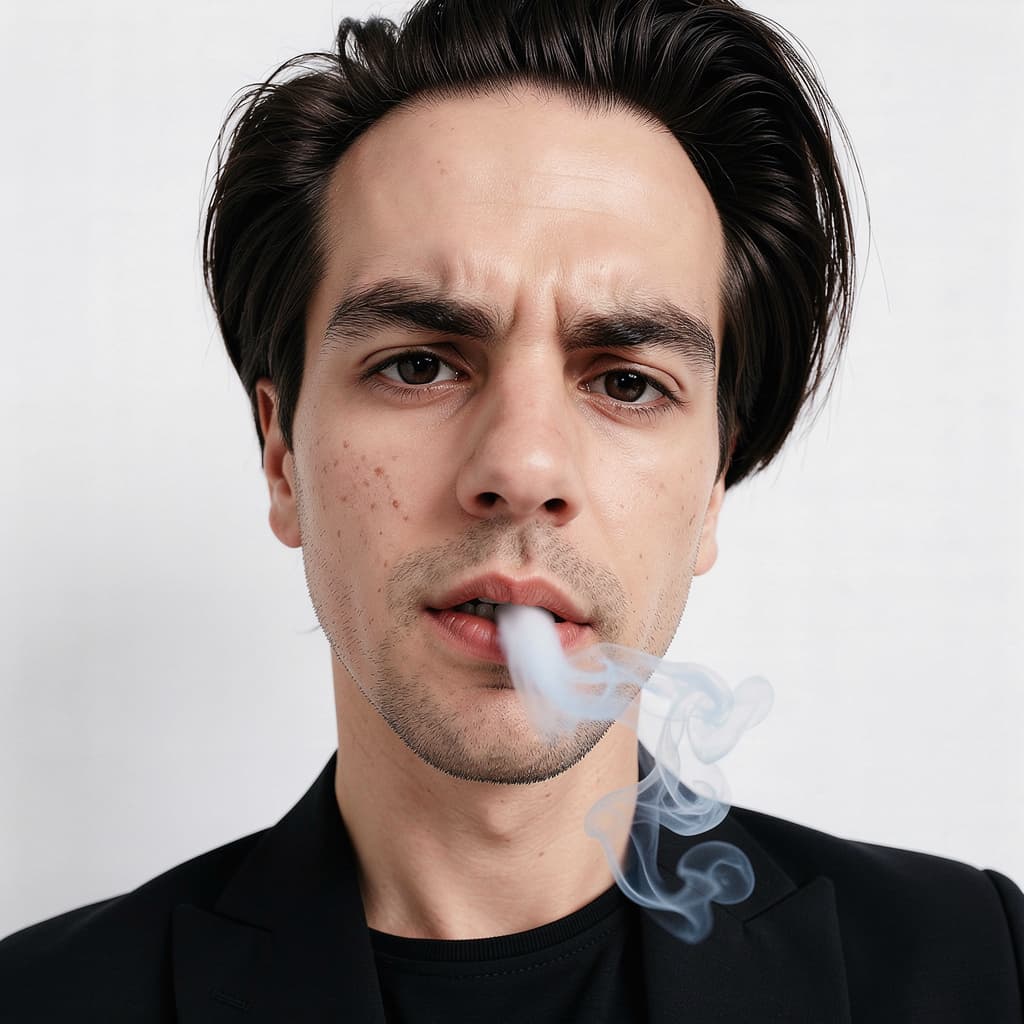 AI generated: close-up portrait of a young man with fair skin, thick dark hair swept back, subtle stubble, wearing...
