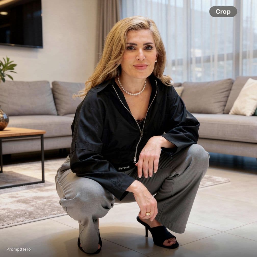 AI generated: Make her sit in squat position in a living room , and take all her fabric off , as hot as possible