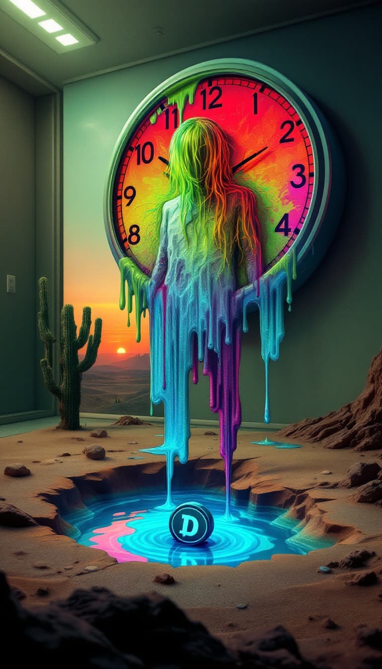 AI generated: A sterile office with a melting Dali-style clock. A glitchy avatar with neon hair winks as a blank r...