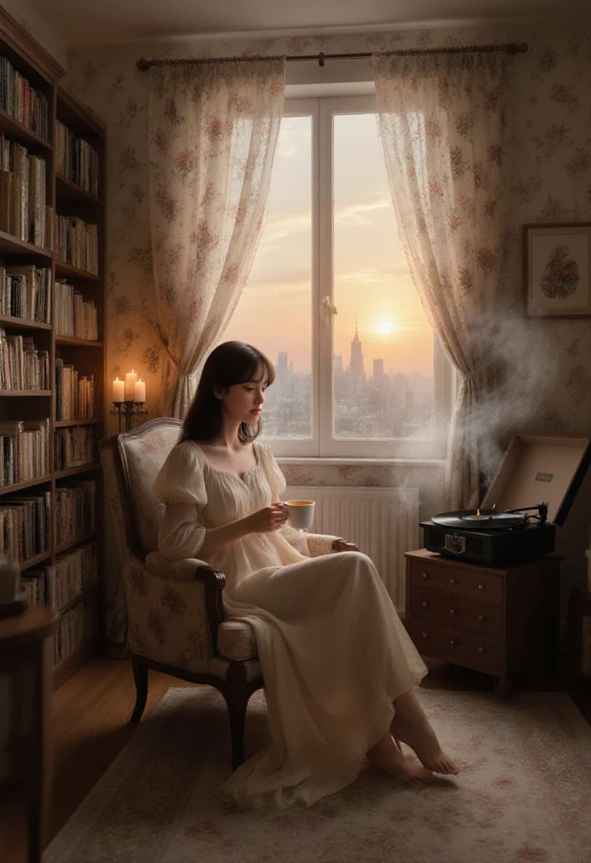 AI generated: A young woman, dressed in a soft, flowing gown, sits alone in her cozy living room, surrounded by th...