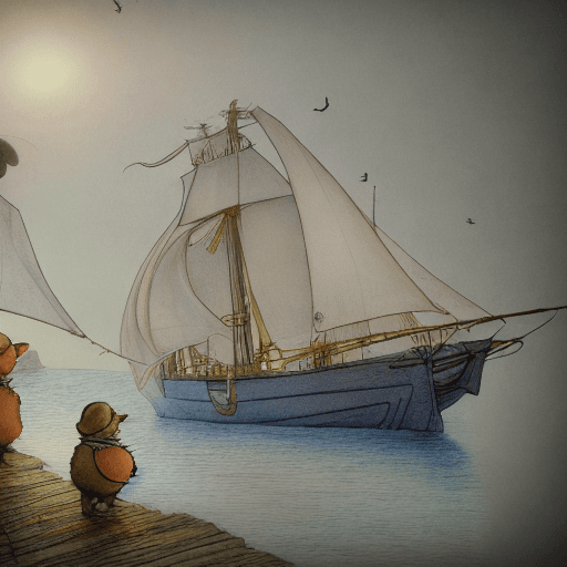AI generated: Drawing of a sailing ship, the crew on deck are mice in hats, they wave goodbye. dramatic light, pal...