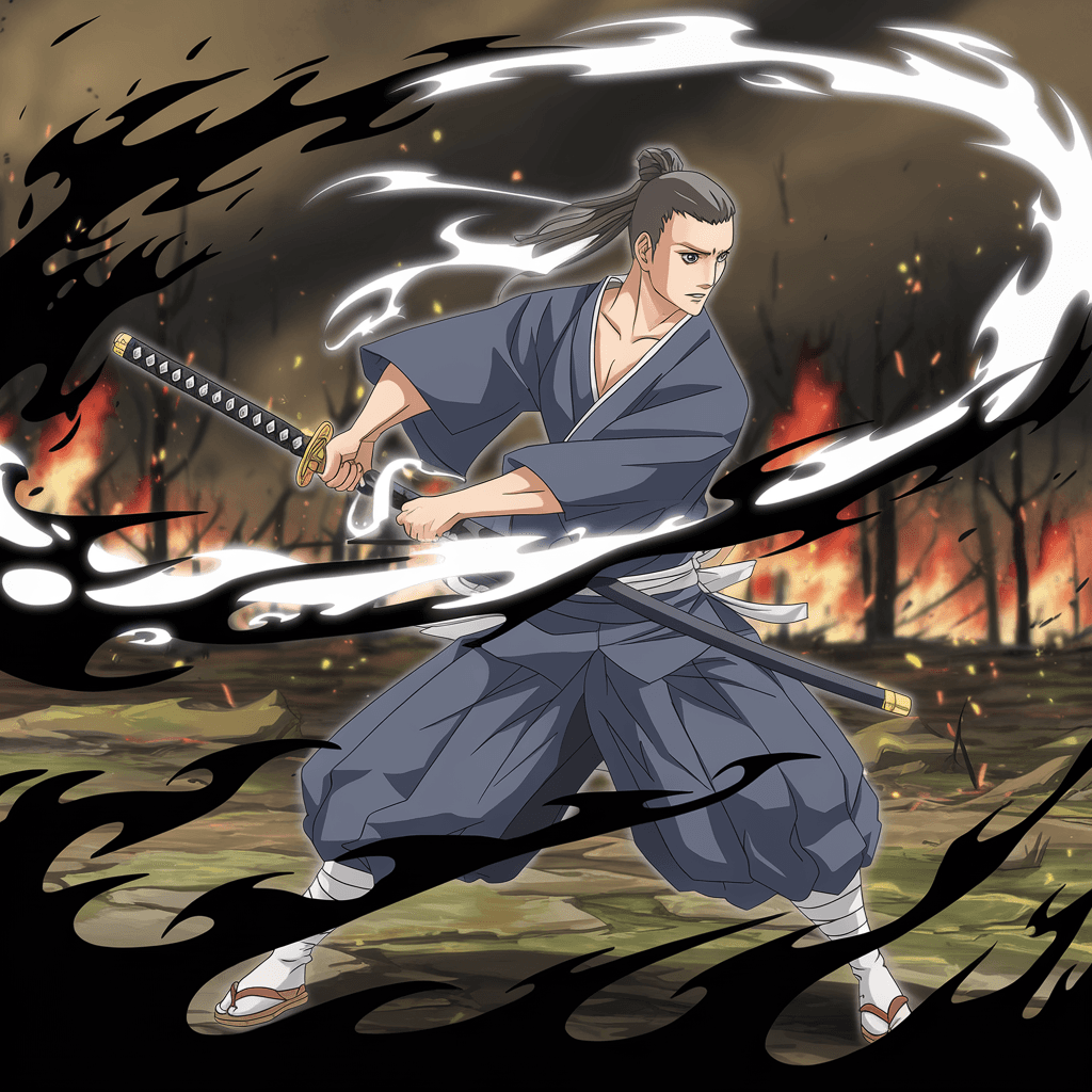 AI generated: Generate an in of an anime samurai, his sword glowing and is surrounded with black flames. He has a ...
