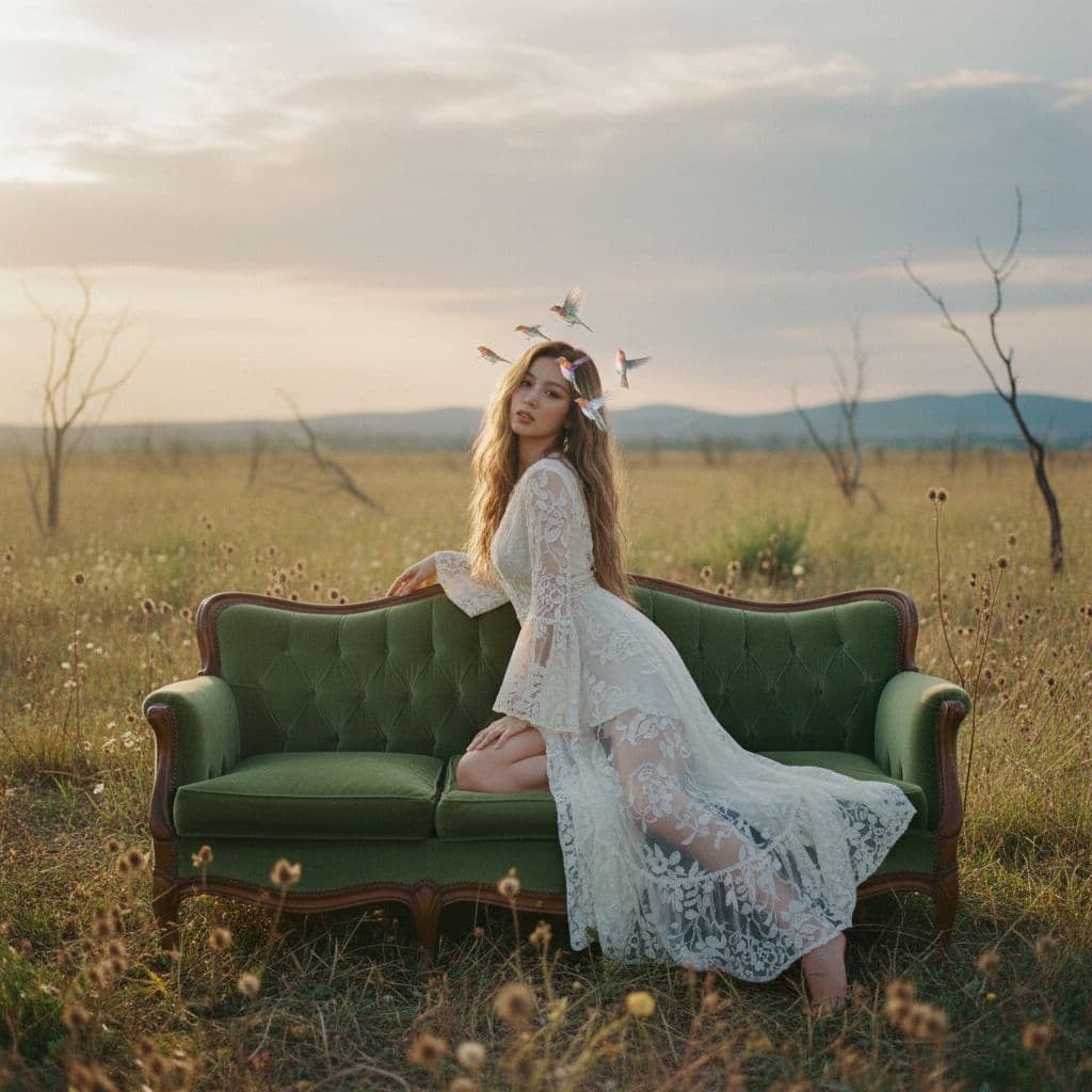 AI generated: a woman sitting on top of a couch in a field, skinny girl in white boho lanced dress, lalisa manobal...