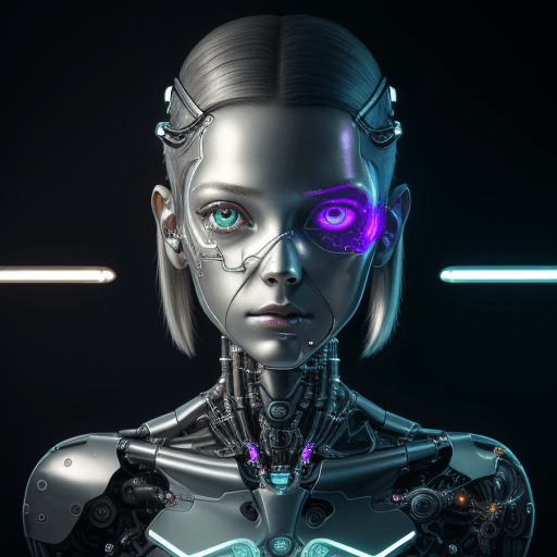 AI generated: half portrait, cyborg girl, made with mechanical parts, mechanical body, neon lights, wires in her b...