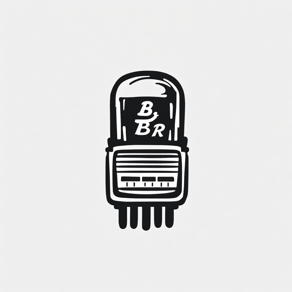 AI generated: logo simple black and grey style an old tube radio slightly cartoonish with the text B R in a classi...