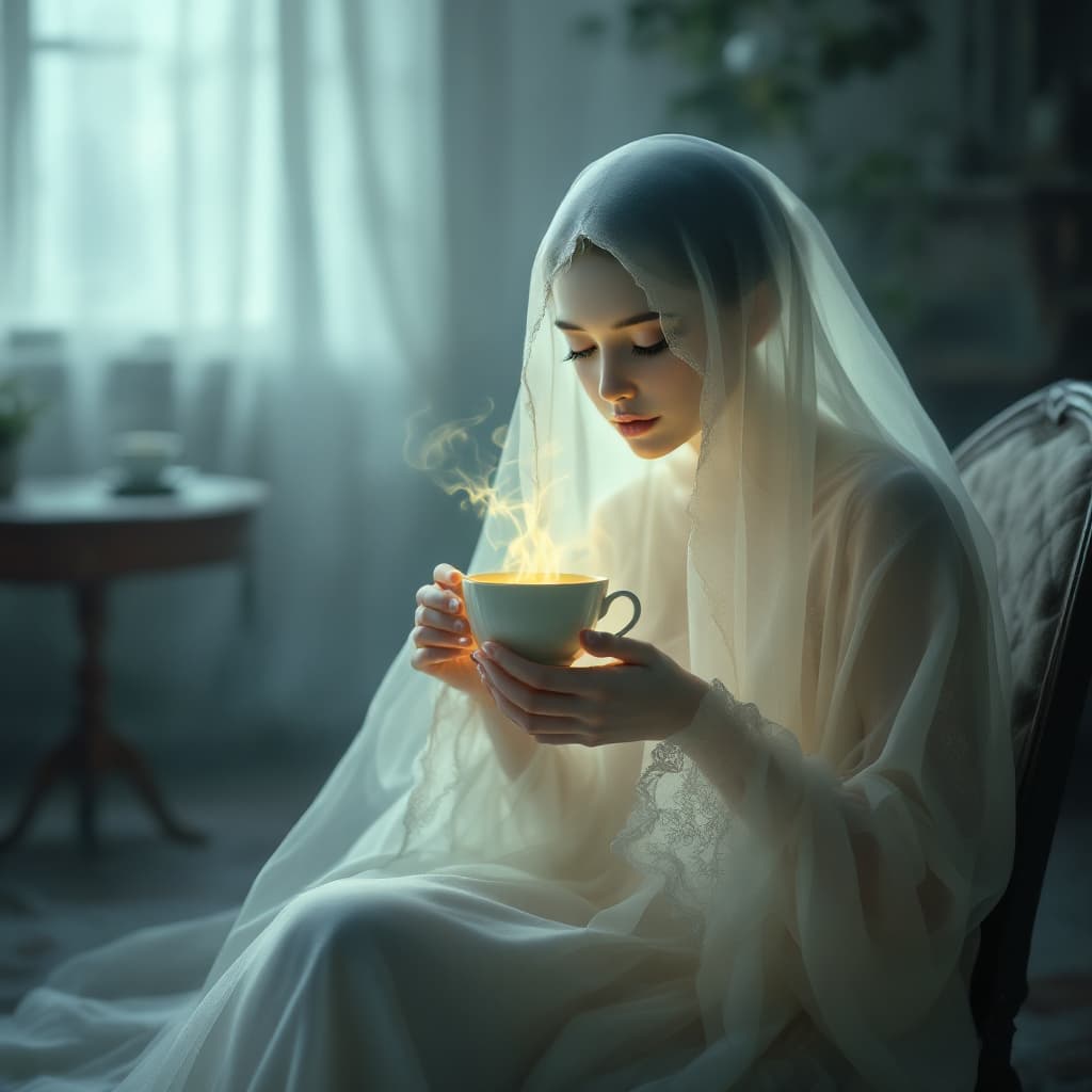 AI generated: Imagine a high-definition scene with a ghost sitting in an ethereal, misty room. The ghost, semi-tra...