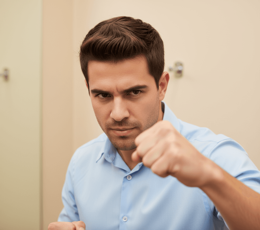AI generated: At a beige dressing room. The Hispanic male is expressing a punch with his fist. He is wearing a bab...