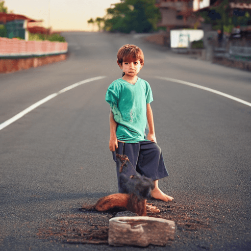 AI generated: little boy of 10 years siting on mat on road