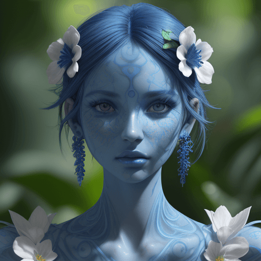 AI generated: fashion photography portrait of a blue human avatar, in a blue lush jungle with flowers and birds, 3...