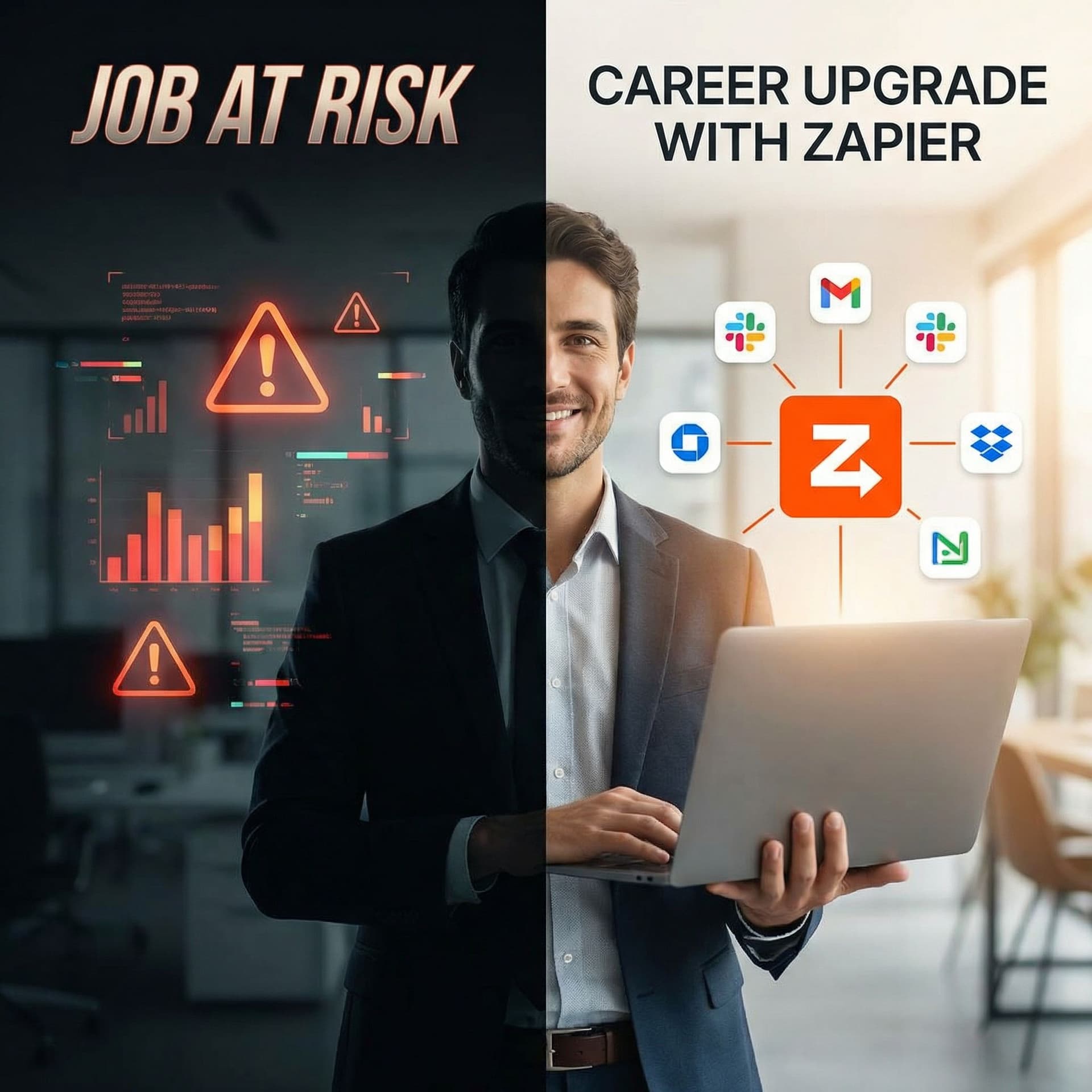 AI generated: Split-screen dramatic business scene.

LEFT SIDE:
Professional silhouette in shadow with warning-sty...