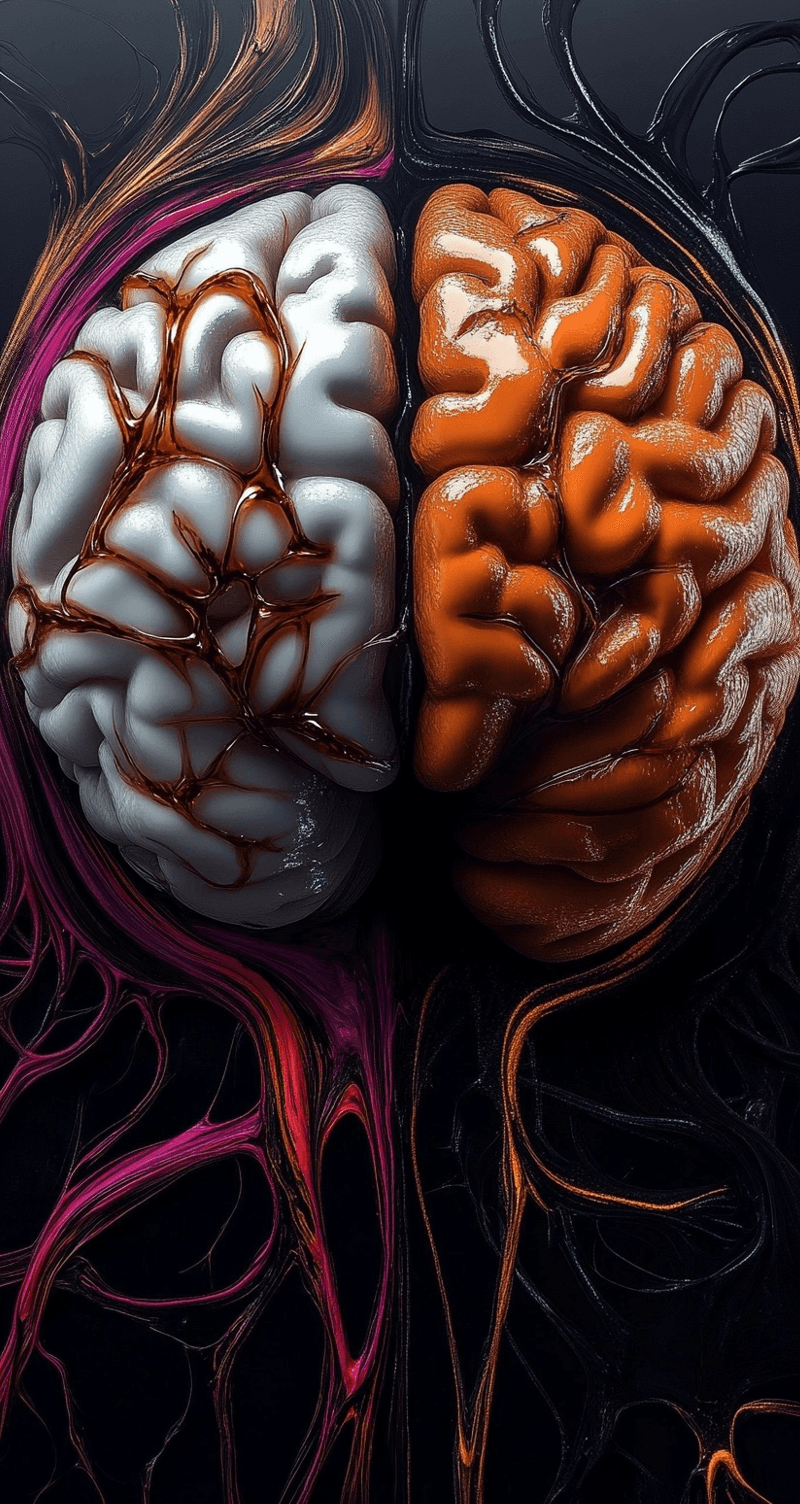 AI generated: Top view of the left and right brain, orange, white, and black background, hyper-realistic style, da...