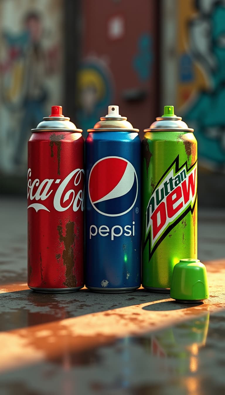 AI generated: A highly detailed, photorealistic image featuring three spray paint cans standing upright on a worn ...