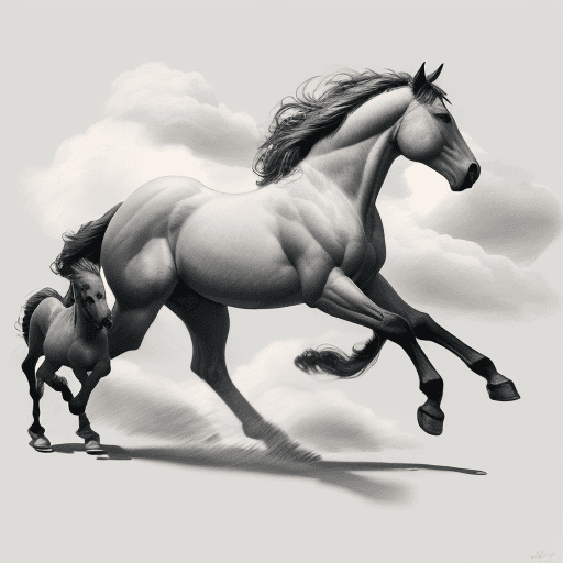 AI generated:   horse with baby horse. clouds. heavens. running in clouds. baby horse is running after adult horse...