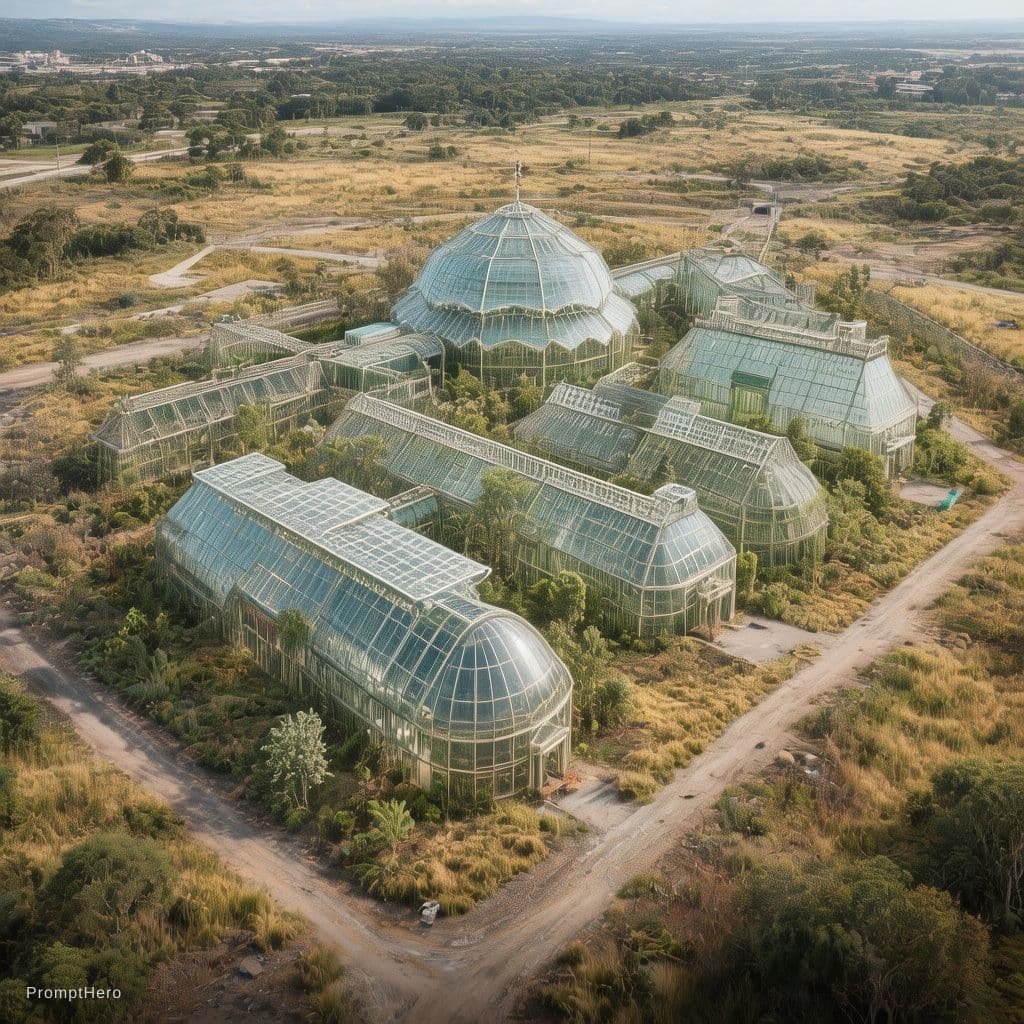 AI generated: Photorealistic aerial drone view of a large untouched plot designated for a future botanical garden ...