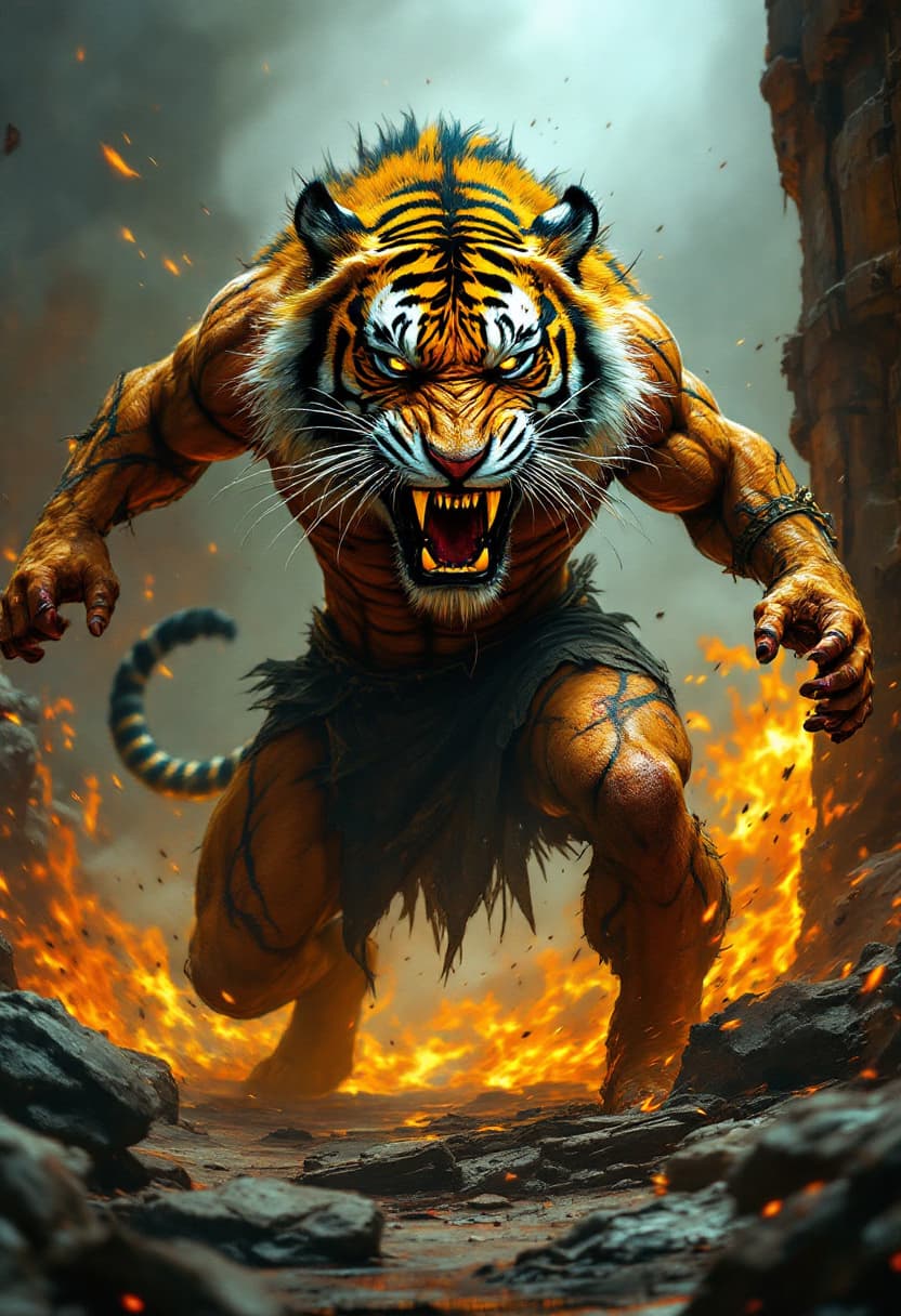 AI generated: Yellow, Orange, Dark Brown Tiger With Human Body, Bodybuilding Athlete Figure, Powerful Muscles, Str...