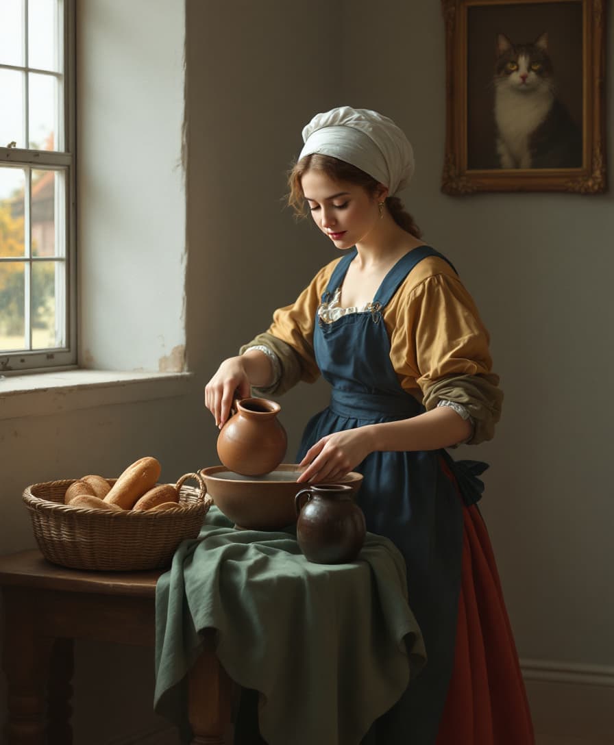 AI generated: Create an image of a woman in updated 17th-century Dutch clothing. She has a serene expression on he...
