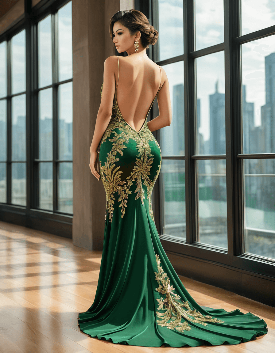 AI generated: NSFW, full body of a woman wearing long detailed evening dress, from behind, extremely low cut back,...