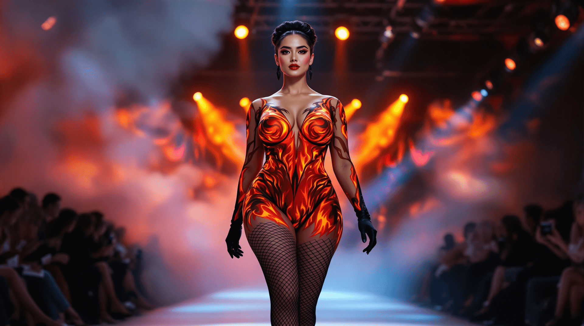 AI generated: Hyper Realistic A stunningly Curvy Plus Size expressive model Woman on a Parading fashion show runwa...