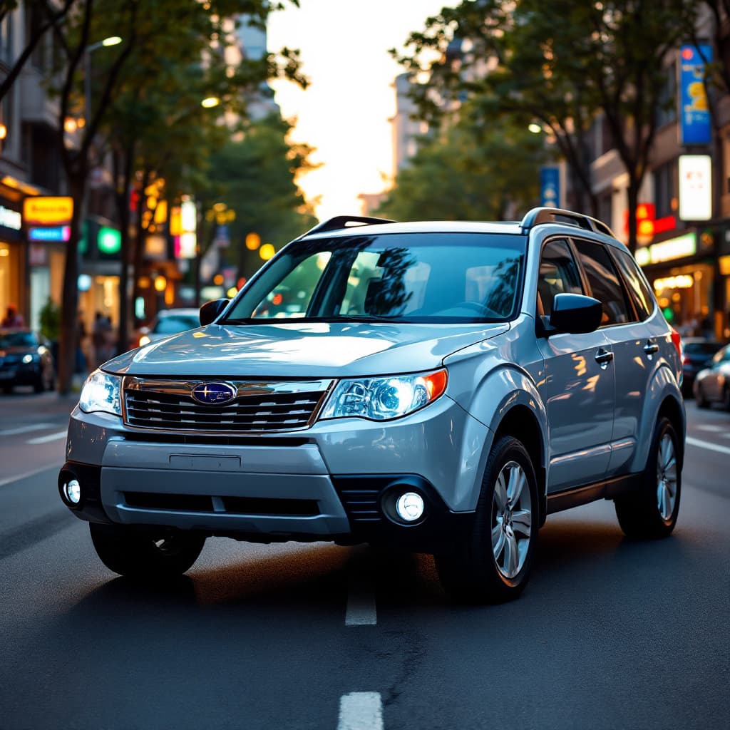 AI generated: a 4k detailed image of a Subaru forester 2010 model on streets of busy city, wide angle camera shot 