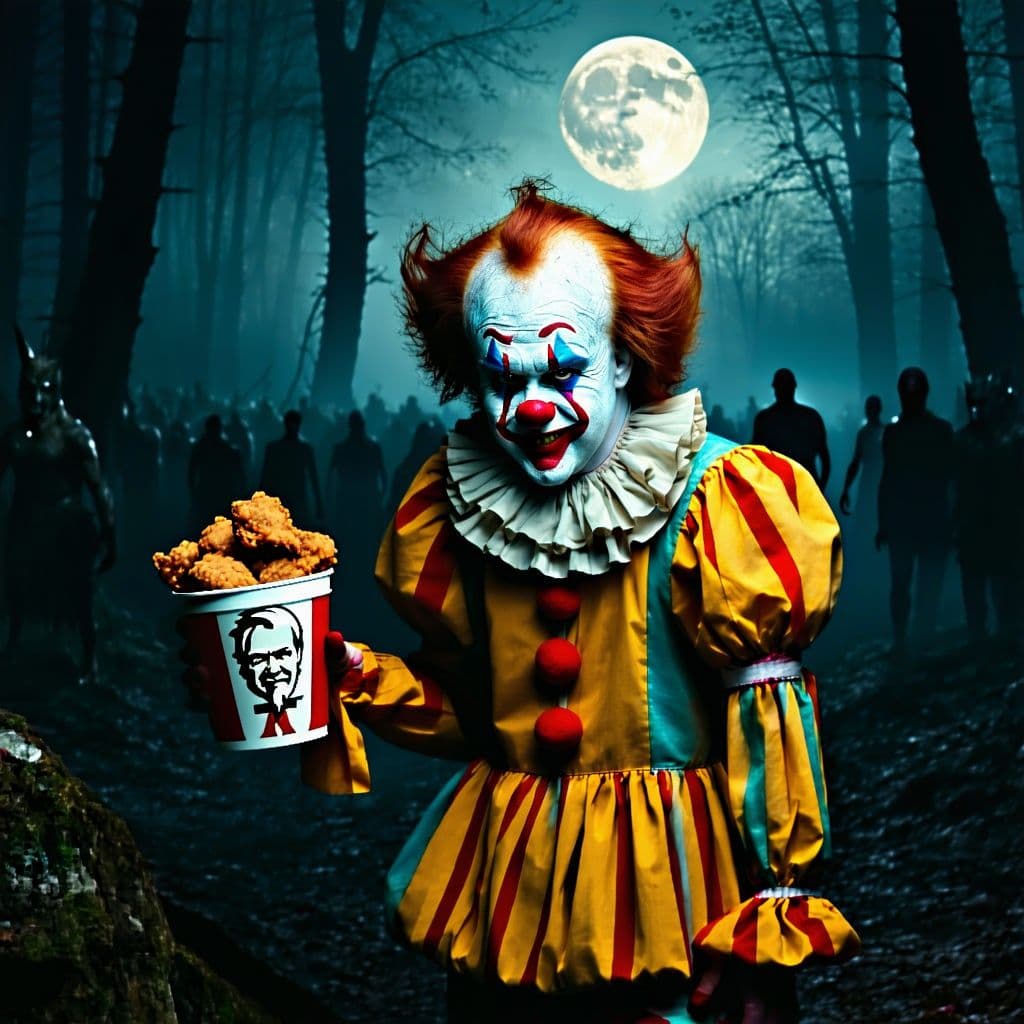 AI generated: "A creepy clown with red hair, white face paint, blue eye makeup, and a red nose, standing in a dark...