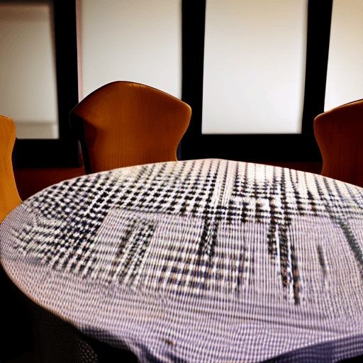 AI generated: photograph, one round table with a a checkered cloth: 4 wooden chairs, 4k, detailed, ambient lightin...