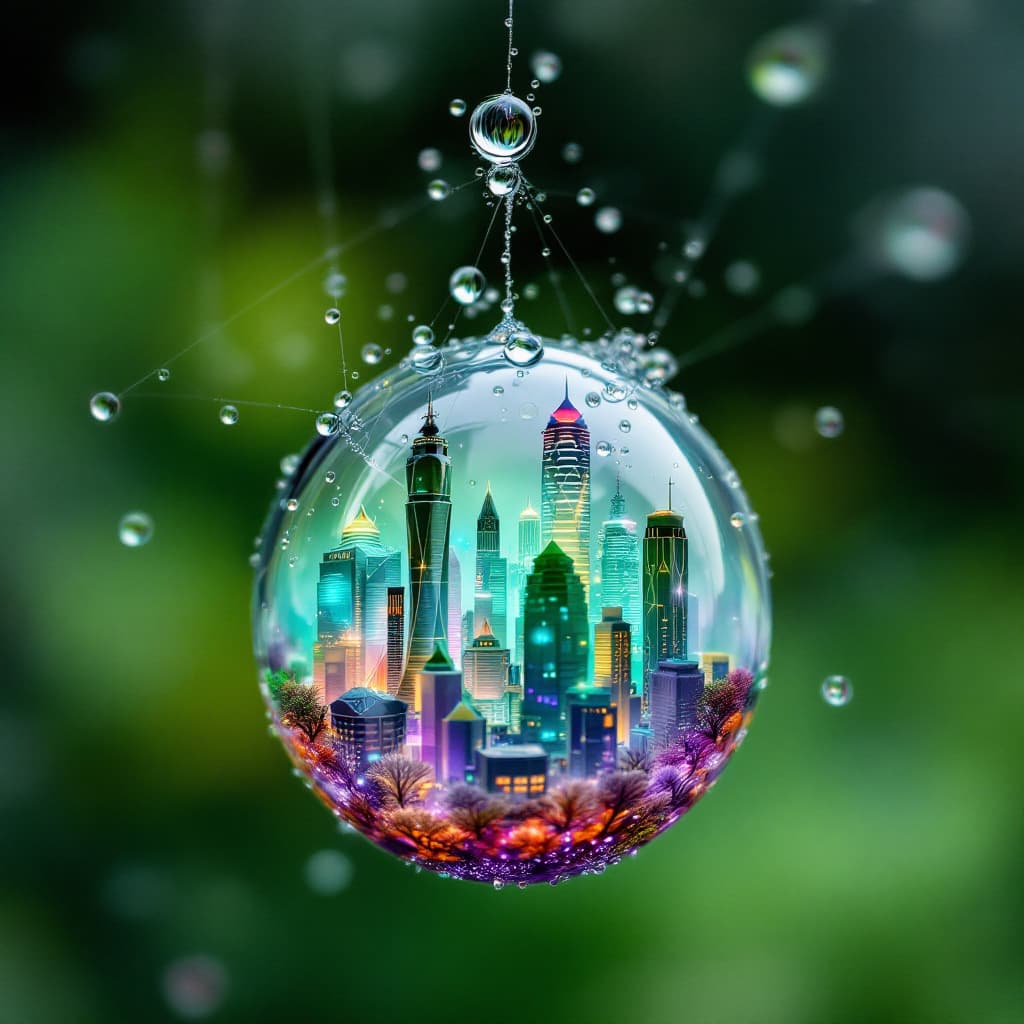 AI generated: An extreme close-up of a dewdrop on a spider's web, but inside the droplet is a perfect miniature ci...