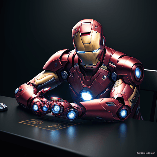 AI generated: Gamepad on the table with the design and character of iron man The gamepad is gold and silver dark, ...