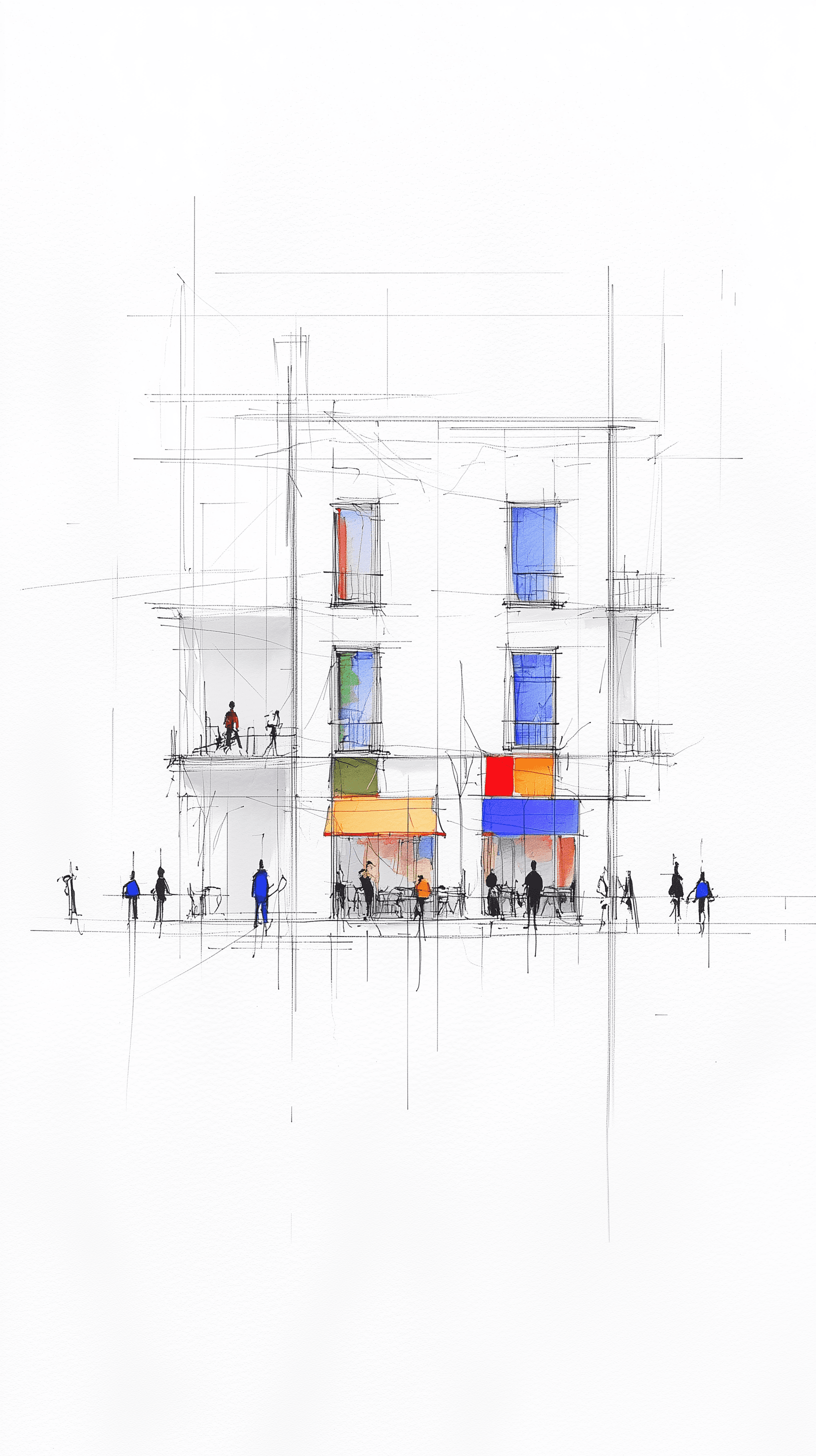AI generated: architectural sketch, central composition, bauhaus style, two story contemporary cafe facade design,...