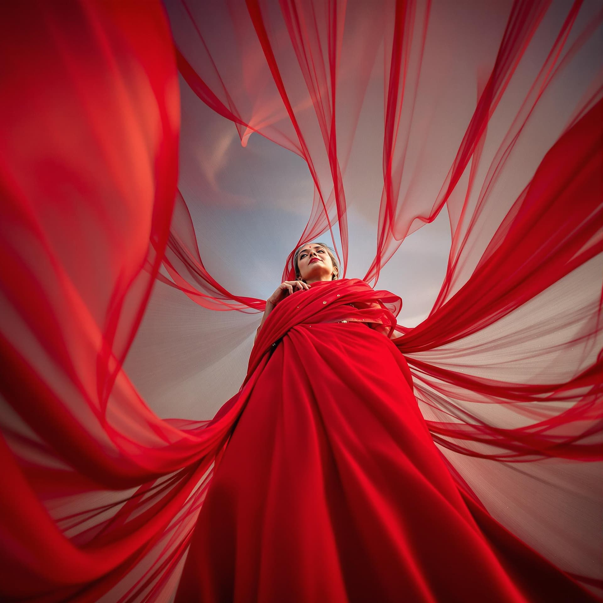 AI generated: Fashion photograph in the style of “bug’s-eye view” of a beautiful 45yo old Indian women wearing flo...